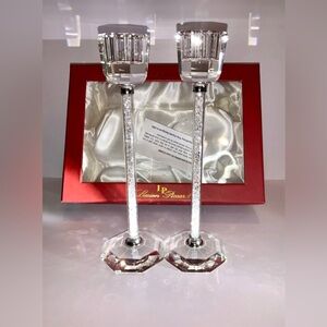 Lucien Piccard Crystal Clear Candlestick Pair 7" Faux Diamond Stem NOS!
